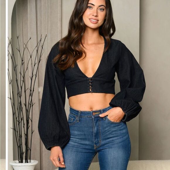 Papermoon Tops - Women's Long Puff Sleeve V-Neck Denim Crop Top PAPERMOON BRAND